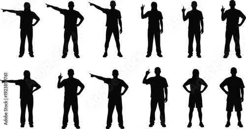 Man pointing silhouette set, male gesture collection with hand signals isolated on white background black vector illustration