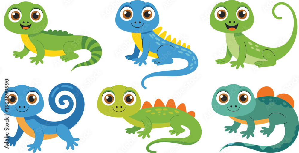 Naklejka premium Colorful cartoon lizards vector illustration set with cute and playful characters for kids’ learning materials