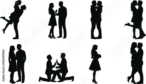 Romantic couple silhouettes set, love proposal and embracing pairs isolated on white background black vector illustration collection