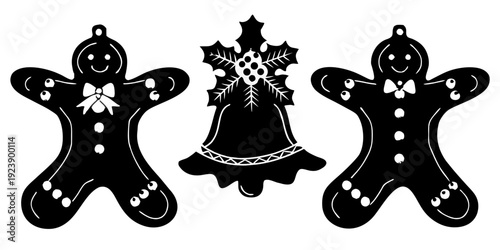 Gingerbread Man and Christmas Bell Silhouette Set - Holiday Cookie Vector Icons