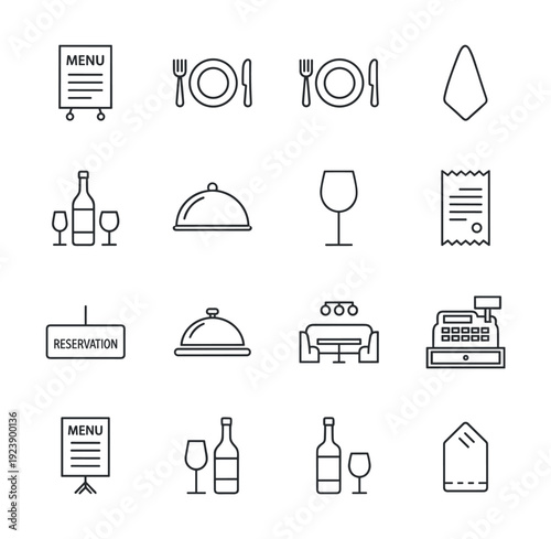 Collection of restaurant and dining icons for hospitality and service industry