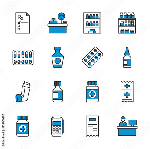 Collection of pharmacy and medical icons representing healthcare services and products