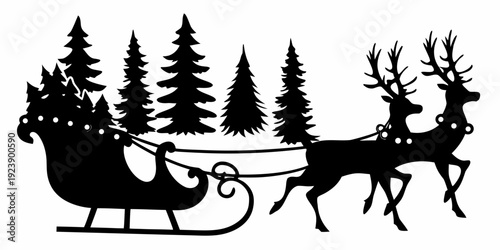 Santa Sleigh and Reindeer Christmas Silhouette with Pine Trees