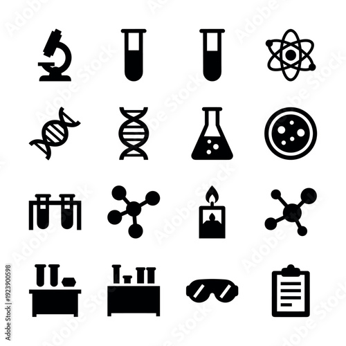 Collection of science and laboratory icons representing research and discovery