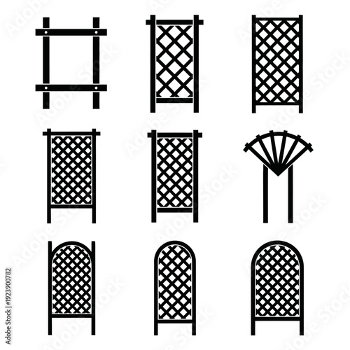 Set of garden trellis designs, black silhouettes on white background