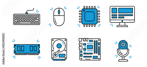 Collection of computer hardware icons in a clean, modern, blue and white line art style