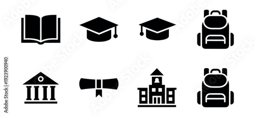 Collection of black education and graduation icons on a white background