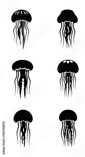 Set of Six Black Jellyfish Silhouettes on White Background, Vector Illustration