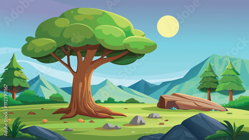 A vibrant cartoon illustration depicts a lush tree mountains and a bright yellow sun high quality
