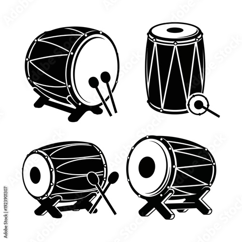 Set of Traditional Indian Drums (Dhol) with Sticks, Black and White Illustration