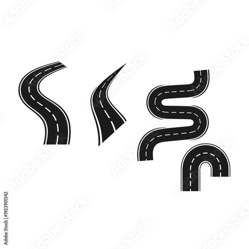 Set of winding road segments, curved highway paths, and U-turn illustration