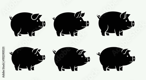 Six Black Pig Silhouettes on White Background, Farm Animal Icons, Livestock Graphic