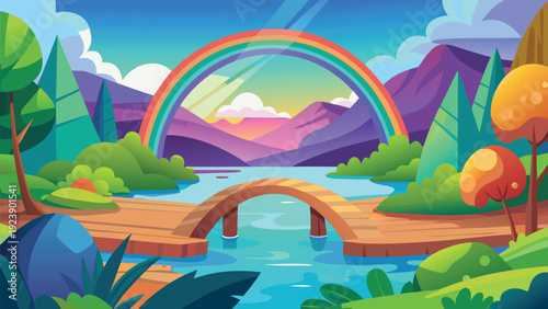 A vibrant illustration depicting a colorful rainbow arcing over a serene lake landscape high quality professional