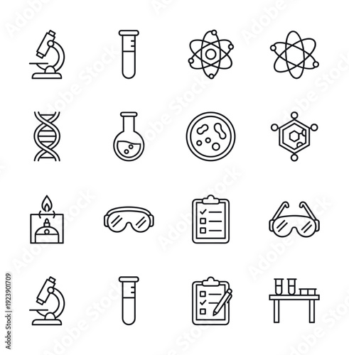 Collection of science and laboratory icons in a clean, modern line art style