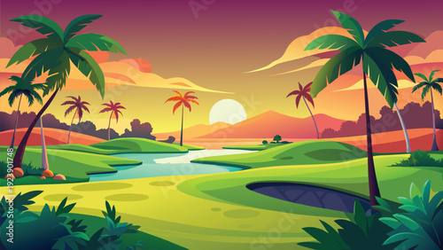A vibrant cartoon illustration depicts a tropical landscape with palm trees and a sunset high quality