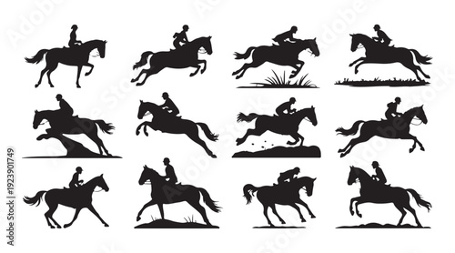 Set of twelve equestrian sports silhouettes, horse jumping and racing riders, show jumping contest