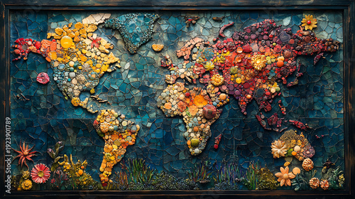  Colorful world map made of flowers and natural elements, representing diversity.