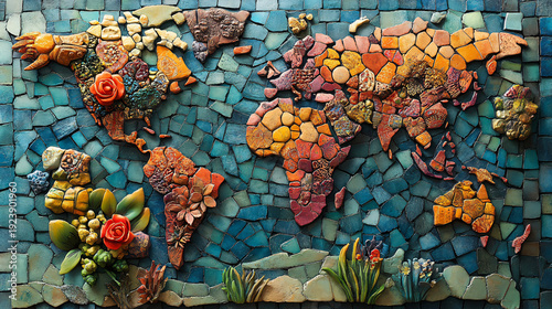  World map created with colorful flowers, symbolizing the beauty of nature.