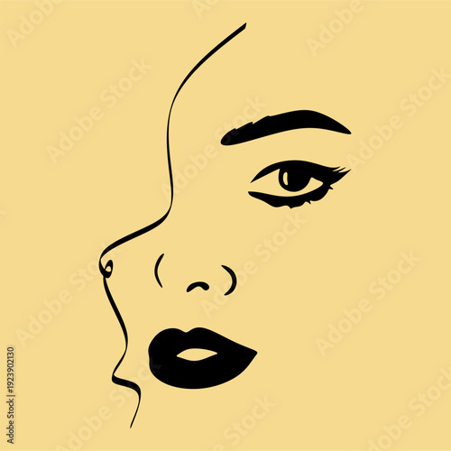 Modern woman portrait, beauty, surreal face, female body line art. For use as a flyer template or for use in web design