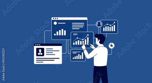 Person analyzing business data and performance metrics on a digital dashboard.