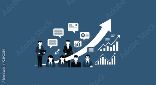Business team collaborating to achieve growth and success with rising charts and communication icons.