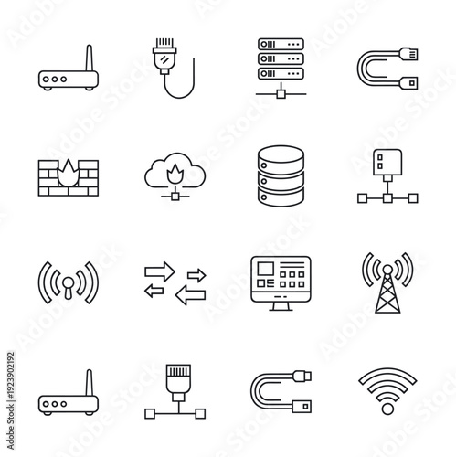 Collection of network and internet technology icons in a clean, modern line art style