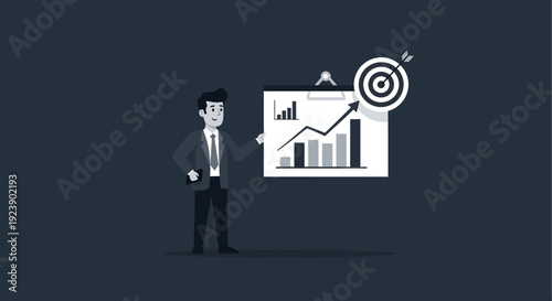 Businessman presenting positive financial growth chart with target goal.