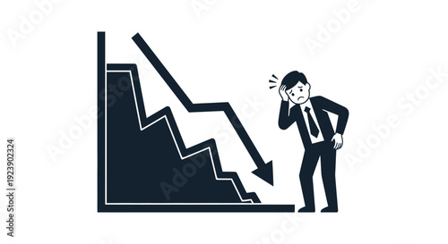 Stressed businessman watching a sharp decline on a graph, symbolizing financial loss.
