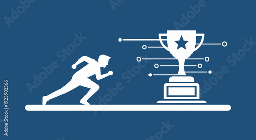 Athlete sprinting towards a digital trophy, symbolizing success and achievement in a connected world.