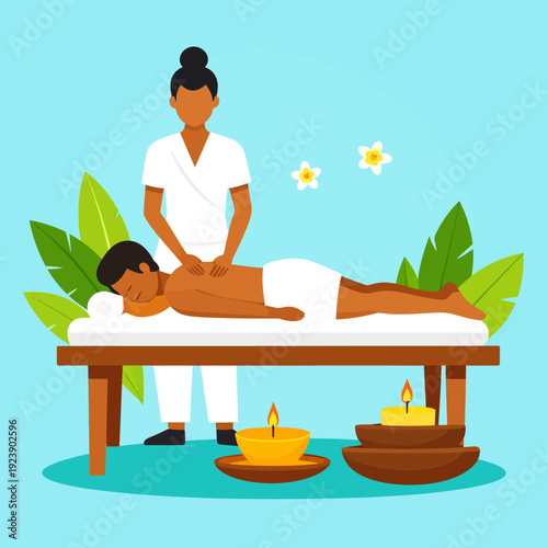 A serene massage scene in flat design, a female therapist massages a man on a table surrounded by candles and lush greenery