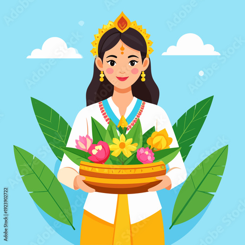Woman in traditional attire holding a floral offering tray in flat design style