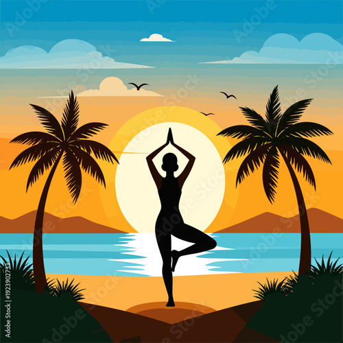 Serene yoga practice on a tropical beach at sunrise in a flat design style