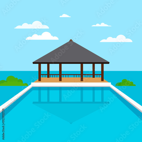 Serene poolside gazebo in flat design style, with calm water, lush greenery, and clear blue sky, viewed from a slight elevation