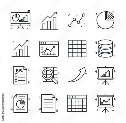 Collection of business analytics and data visualization icons in a clean line art style