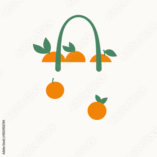 Flat design illustration of oranges in a basket with leaves on a simple background from a top view