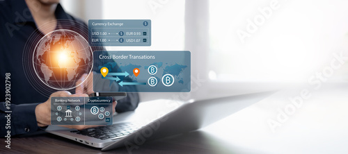 Schilderij op canvas Fintech platform enabling cryptocurrency transactions, currency exchange and cross border digital payments through secure global banking infrastructure