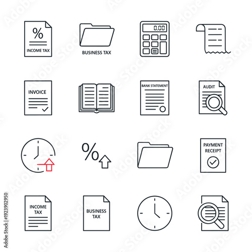 Collection of financial and business icons representing taxes, invoices, and accounting processes