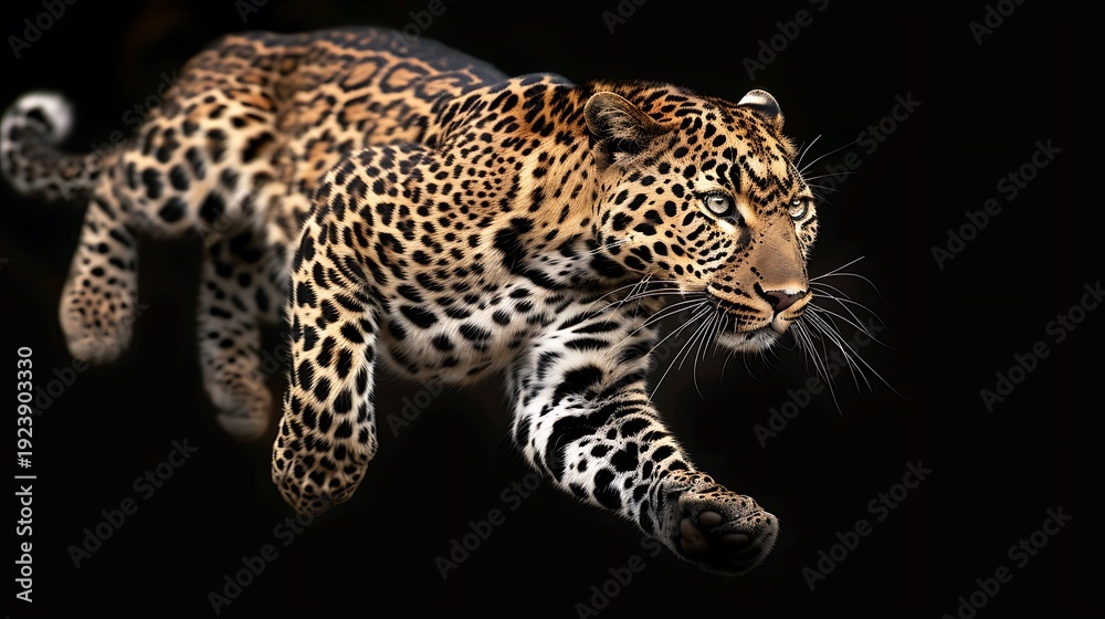 Fototapeta premium Powerful Leopard Spring: Intense Feline Action, Dramatic Lighting, Spotted Predator