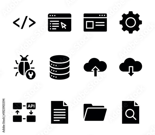 Collection of modern flat icons representing software development and technology concepts