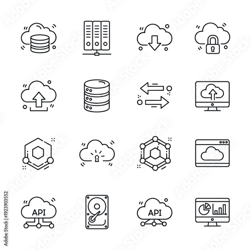 Collection of cloud computing and data storage icons in a clean, modern line art style