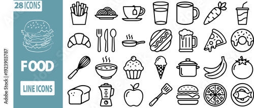 Food Icon Collection: An array of delightful food icons, a versatile resource for a wide range of culinary and lifestyle themes. Featuring everything from burgers to coffee.