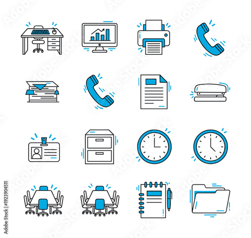 Collection of modern flat design icons representing office supplies and equipment