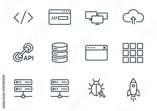 Collection of modern flat design icons for web development and technology concepts