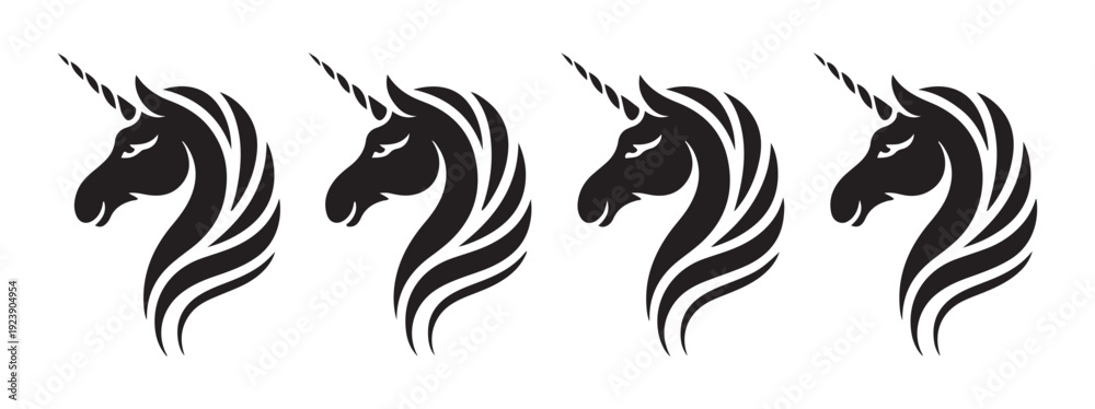 Fototapeta premium Elegant unicorn silhouette collection with flowing mane designs representing grace and mythical power icons