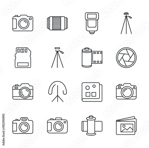 Collection of photography equipment icons in a clean, modern line art style