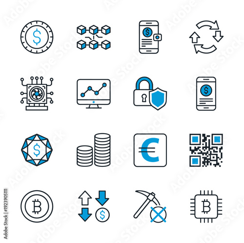 Collection of cryptocurrency and finance icons with a modern, clean line art style