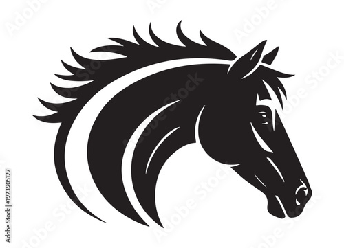 Stallion head silhouette profile with flowing mane detail for equestrian sports and horse breeding labels