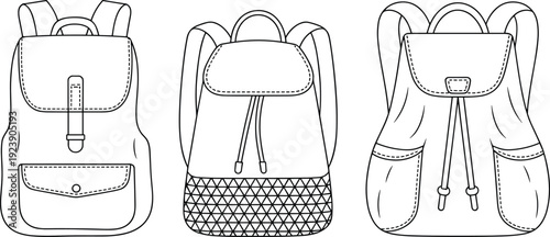 Collection of twelve black and white line art vector illustrations featuring various school backpacks with zippered pockets and drawstring closures on white background.
