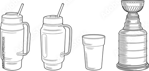 Set of black and white line art vector illustrations featuring insulated water bottles with straws, a reusable plastic cup, and a championship trophy cup.