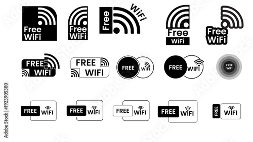 Free WiFi Icon Set – Wireless Internet Symbols and Hotspot Signs Collection for Cafe, Restaurant, Hotel and Public Zone